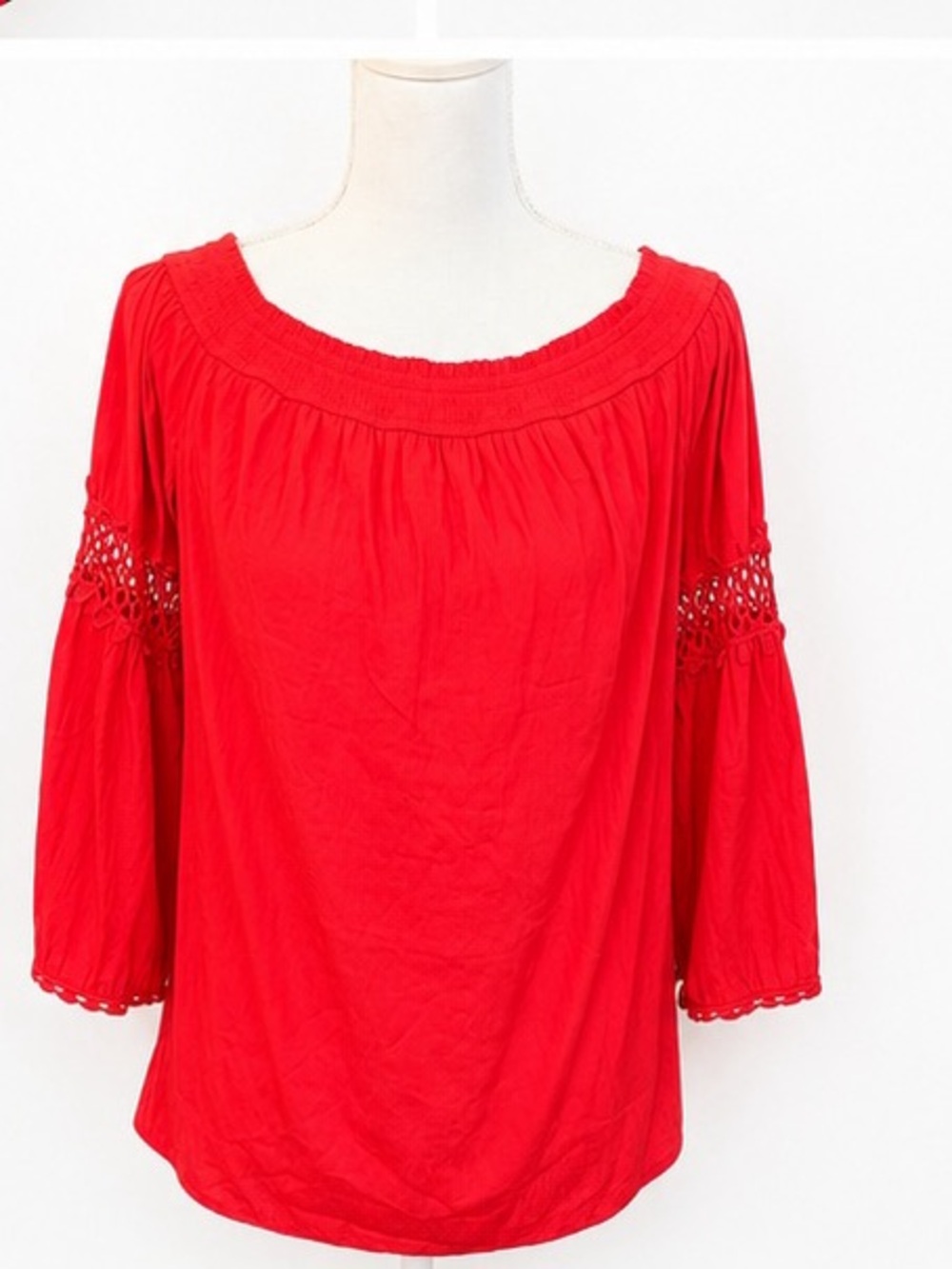 Chico’s Red Peasant Blouse Size 1 Boho Off Shoulder 3/4 Sleeve Crochet Detail
